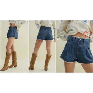 Dazy Crochet Lace Trim Boho Festival Coachella Blue Pleated Shorts XL